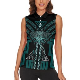 New Zealand Manta Ray Women Sleeveless Polo Shirt Maori Tukutuku Taniko Motifs Teal
