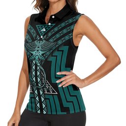 New Zealand Manta Ray Women Sleeveless Polo Shirt Maori Tukutuku Taniko Motifs Teal