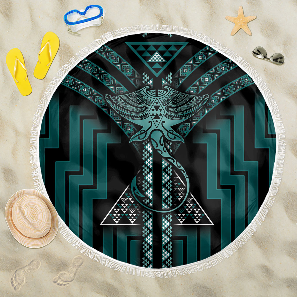 New Zealand Manta Ray Beach Blanket Maori Tukutuku Taniko Motifs Teal