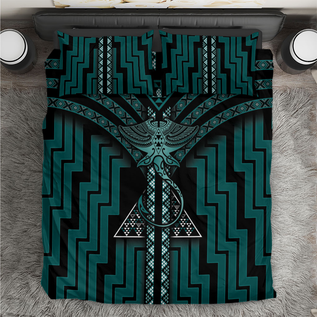 New Zealand Manta Ray Bedding Set Maori Tukutuku Taniko Motifs Teal