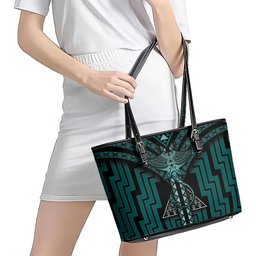 New Zealand Manta Ray Leather Tote Bag Maori Tukutuku Taniko Motifs Teal
