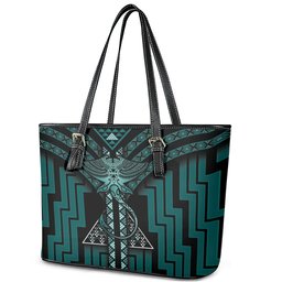 New Zealand Manta Ray Leather Tote Bag Maori Tukutuku Taniko Motifs Teal