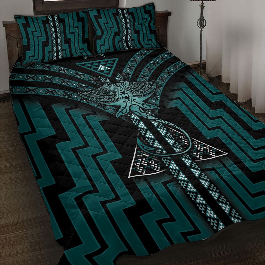New Zealand Manta Ray Quilt Bed Set Maori Tukutuku Taniko Motifs Teal