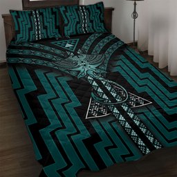 New Zealand Manta Ray Quilt Bed Set Maori Tukutuku Taniko Motifs Teal
