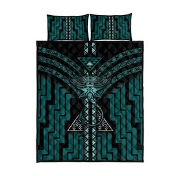 New Zealand Manta Ray Quilt Bed Set Maori Tukutuku Taniko Motifs Teal