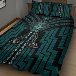 New Zealand Manta Ray Quilt Bed Set Maori Tukutuku Taniko Motifs Teal