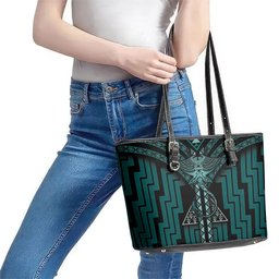 New Zealand Manta Ray Leather Tote Bag Maori Tukutuku Taniko Motifs Teal