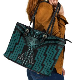 New Zealand Manta Ray Leather Tote Bag Maori Tukutuku Taniko Motifs Teal