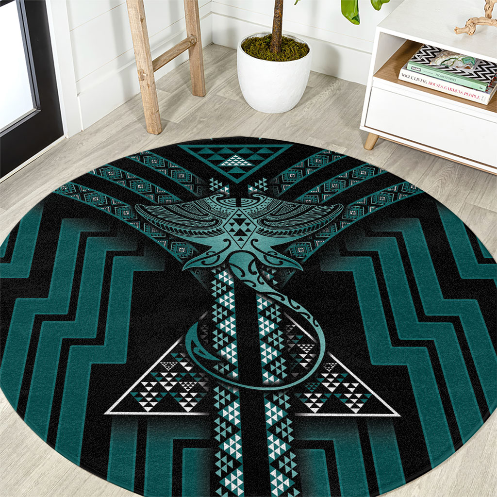 New Zealand Manta Ray Round Carpet Maori Tukutuku Taniko Motifs Teal
