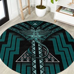 New Zealand Manta Ray Round Carpet Maori Tukutuku Taniko Motifs Teal
