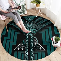New Zealand Manta Ray Round Carpet Maori Tukutuku Taniko Motifs Teal