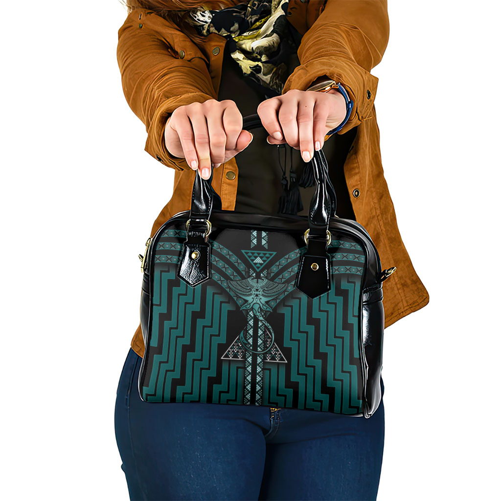 New Zealand Manta Ray Shoulder Handbag Maori Tukutuku Taniko Motifs Teal