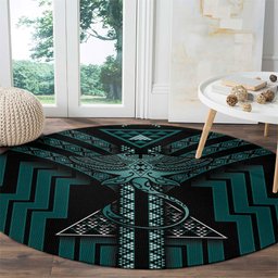 New Zealand Manta Ray Round Carpet Maori Tukutuku Taniko Motifs Teal