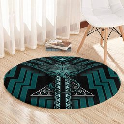 New Zealand Manta Ray Round Carpet Maori Tukutuku Taniko Motifs Teal