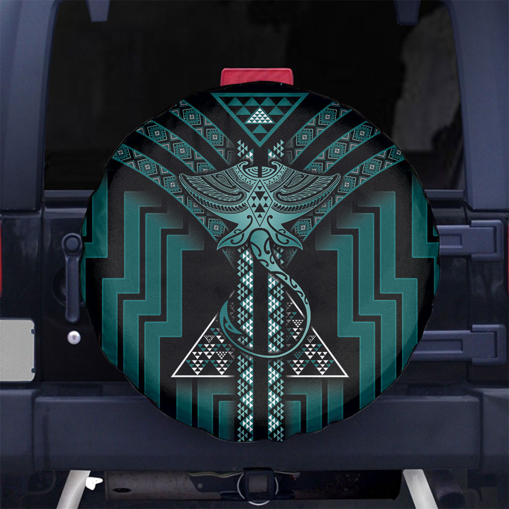 New Zealand Manta Ray Spare Tire Cover Maori Tukutuku Taniko Motifs Teal