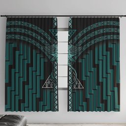 New Zealand Manta Ray Window Curtain Maori Tukutuku Taniko Motifs Teal