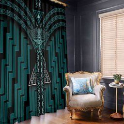 New Zealand Manta Ray Window Curtain Maori Tukutuku Taniko Motifs Teal