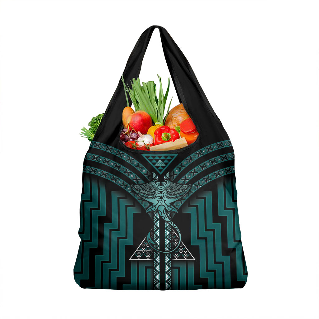New Zealand Manta Ray Grocery Bag Maori Tukutuku Taniko Motifs Teal