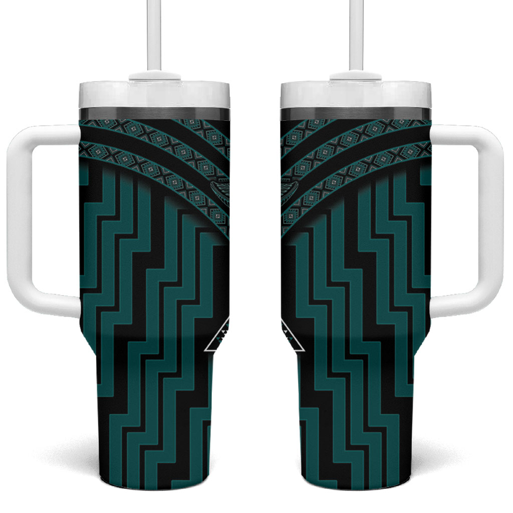 New Zealand Manta Ray Tumbler With Handle Maori Tukutuku Taniko Motifs Teal