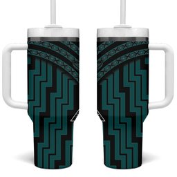New Zealand Manta Ray Tumbler With Handle Maori Tukutuku Taniko Motifs Teal