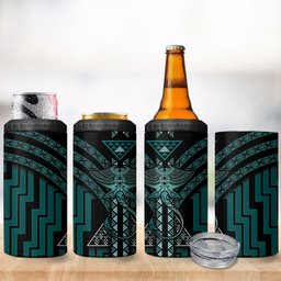 New Zealand Manta Ray 4 in 1 Can Cooler Tumbler Maori Tukutuku Taniko Motifs Teal