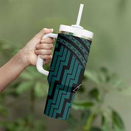 New Zealand Manta Ray Tumbler With Handle Maori Tukutuku Taniko Motifs Teal