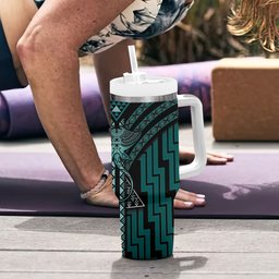 New Zealand Manta Ray Tumbler With Handle Maori Tukutuku Taniko Motifs Teal