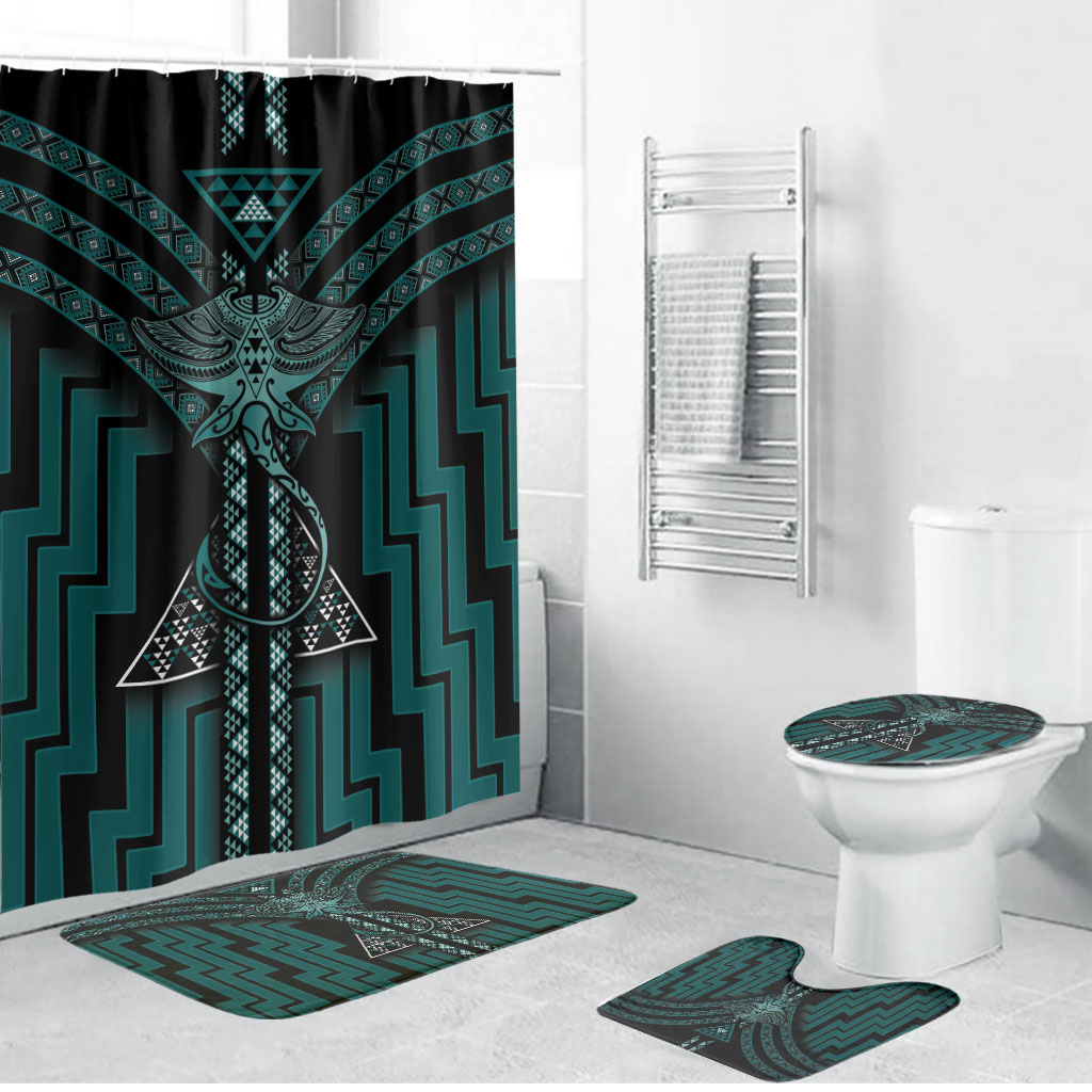 New Zealand Manta Ray Bathroom Set Maori Tukutuku Taniko Motifs Teal