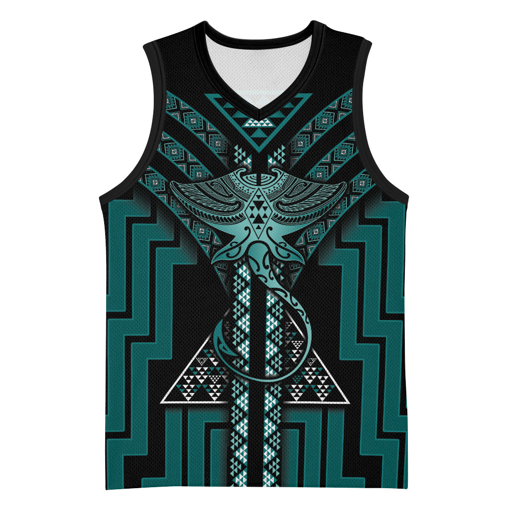 New Zealand Manta Ray Basketball Jersey Maori Tukutuku Taniko Motifs Teal
