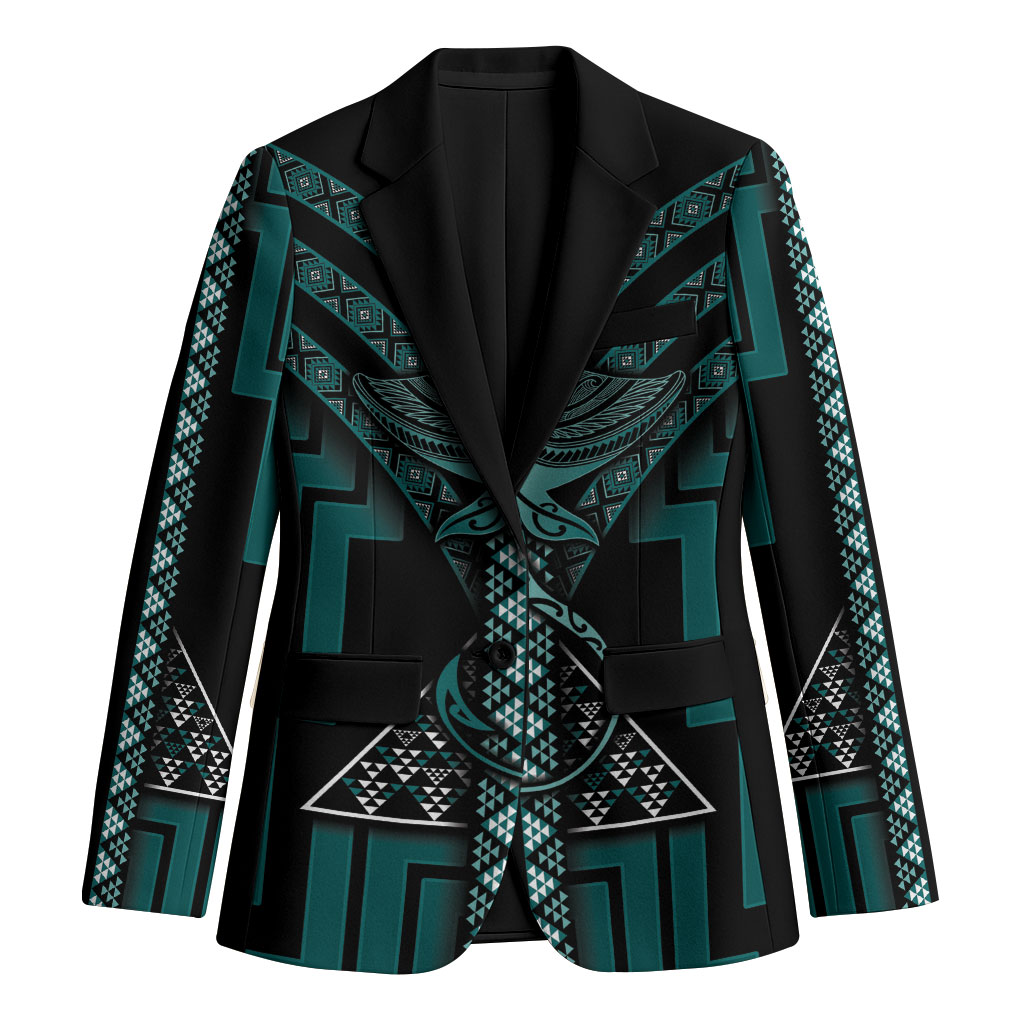 New Zealand Manta Ray Blazer Maori Tukutuku Taniko Motifs Teal