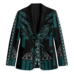 New Zealand Manta Ray Blazer Maori Tukutuku Taniko Motifs Teal