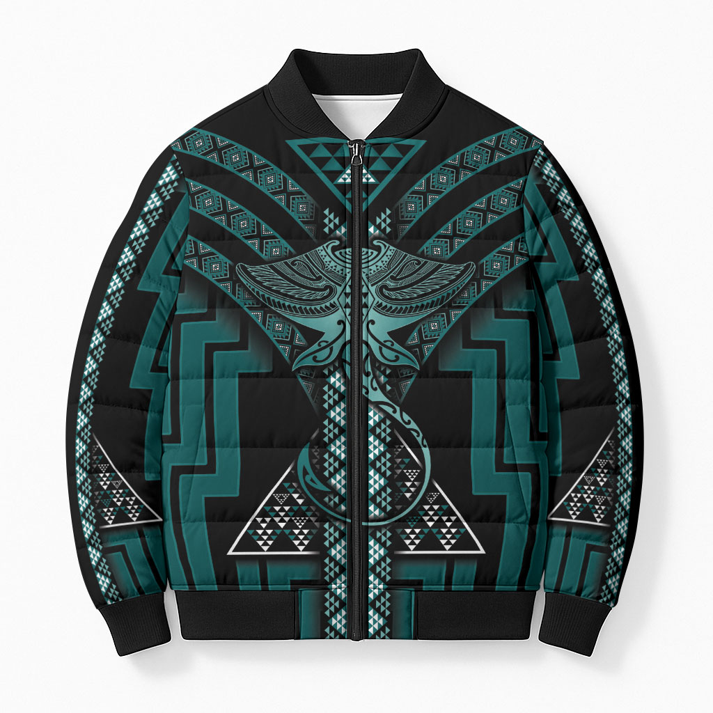 New Zealand Manta Ray Bomber Puffer Jacket Maori Tukutuku Taniko Motifs Teal