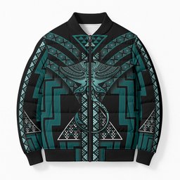 New Zealand Manta Ray Bomber Puffer Jacket Maori Tukutuku Taniko Motifs Teal