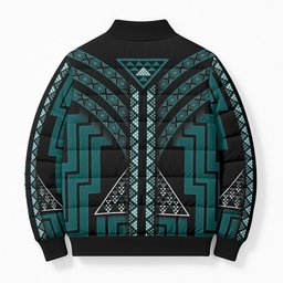 New Zealand Manta Ray Bomber Puffer Jacket Maori Tukutuku Taniko Motifs Teal