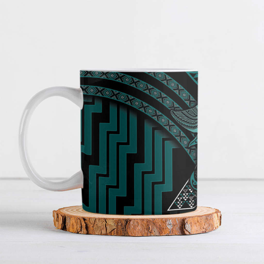 New Zealand Manta Ray Ceramic Mug Maori Tukutuku Taniko Motifs Teal