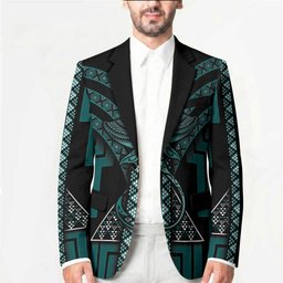 New Zealand Manta Ray Blazer Maori Tukutuku Taniko Motifs Teal