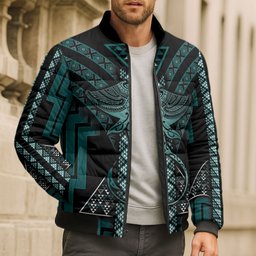 New Zealand Manta Ray Bomber Puffer Jacket Maori Tukutuku Taniko Motifs Teal
