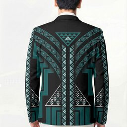 New Zealand Manta Ray Blazer Maori Tukutuku Taniko Motifs Teal