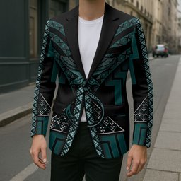 New Zealand Manta Ray Blazer Maori Tukutuku Taniko Motifs Teal
