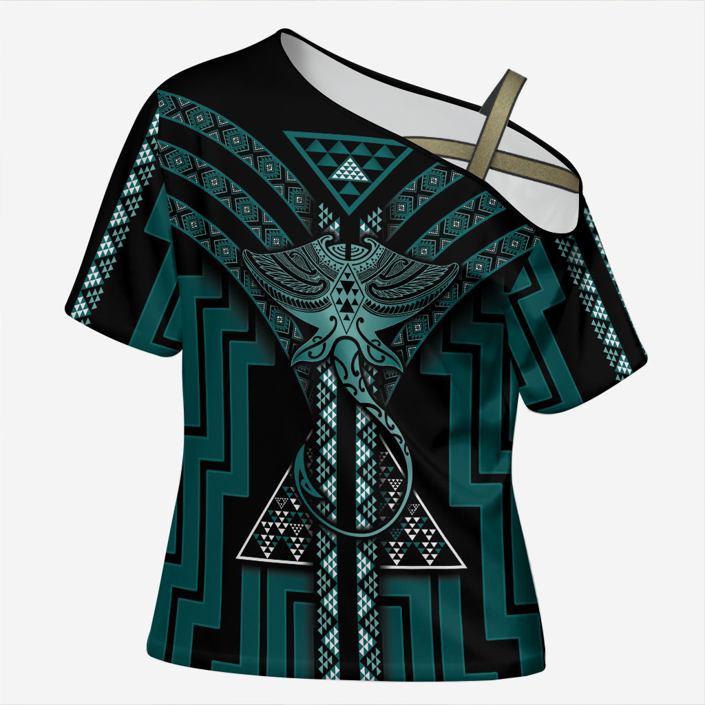 New Zealand Manta Ray Cross Shoulder Shirt Maori Tukutuku Taniko Motifs Teal