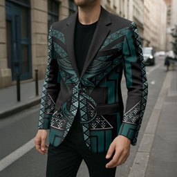 New Zealand Manta Ray Blazer Maori Tukutuku Taniko Motifs Teal