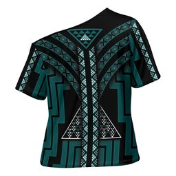 New Zealand Manta Ray Cross Shoulder Shirt Maori Tukutuku Taniko Motifs Teal
