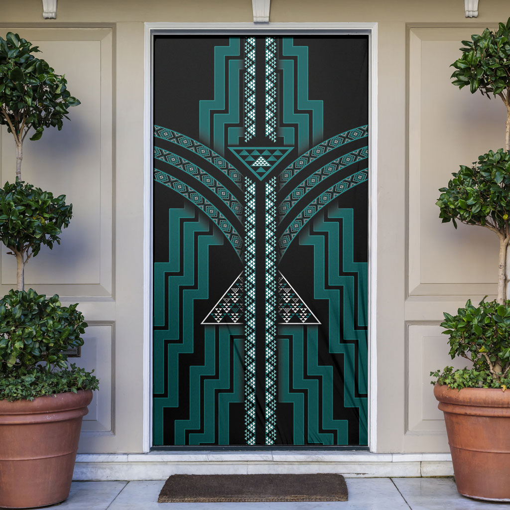 New Zealand Manta Ray Door Cover Maori Tukutuku Taniko Motifs Teal