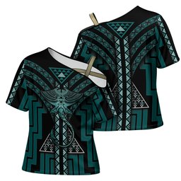 New Zealand Manta Ray Cross Shoulder Shirt Maori Tukutuku Taniko Motifs Teal