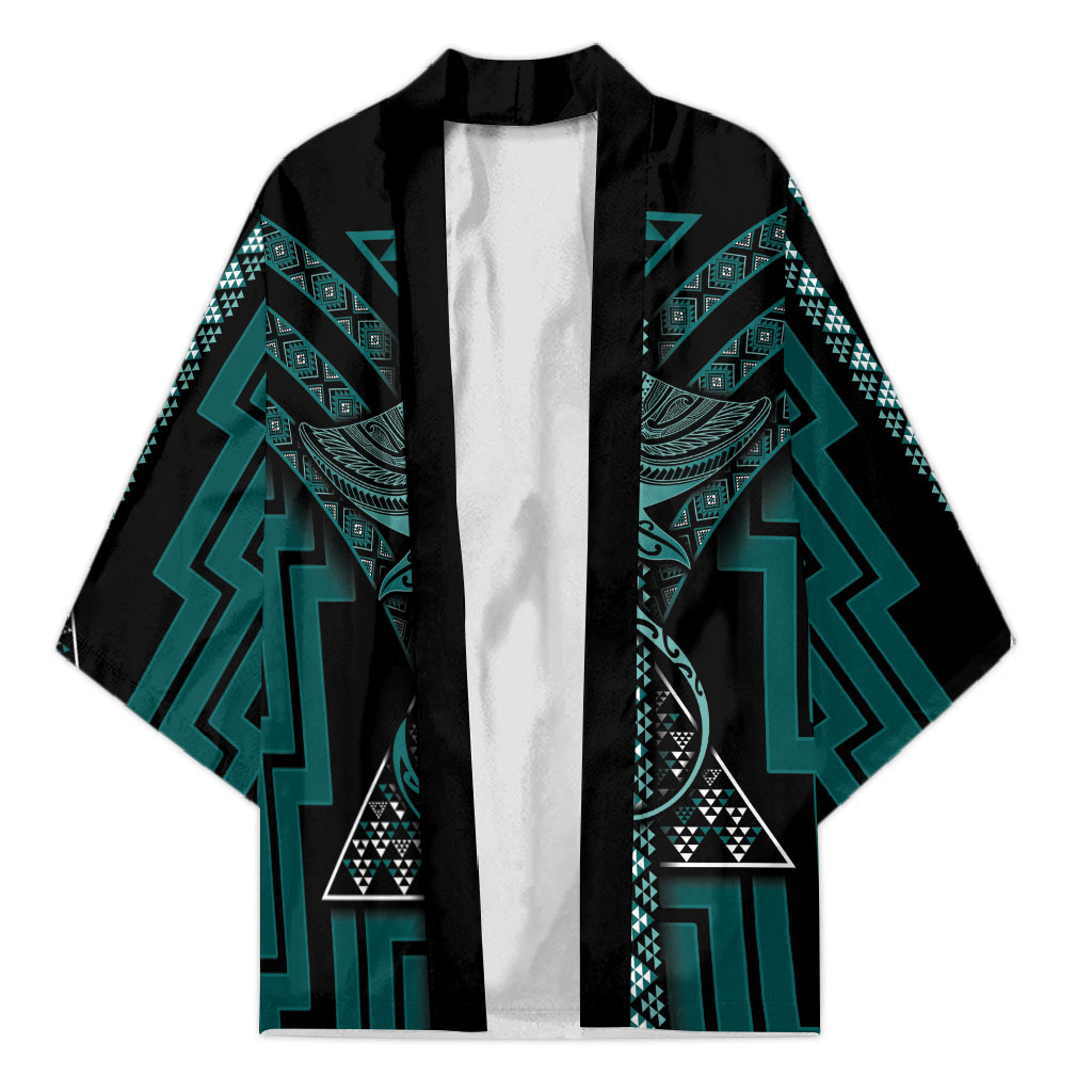 New Zealand Manta Ray Kimono Maori Tukutuku Taniko Motifs Teal