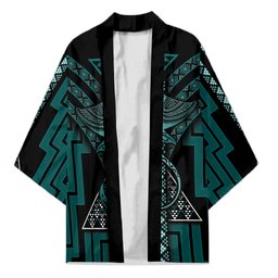New Zealand Manta Ray Kimono Maori Tukutuku Taniko Motifs Teal