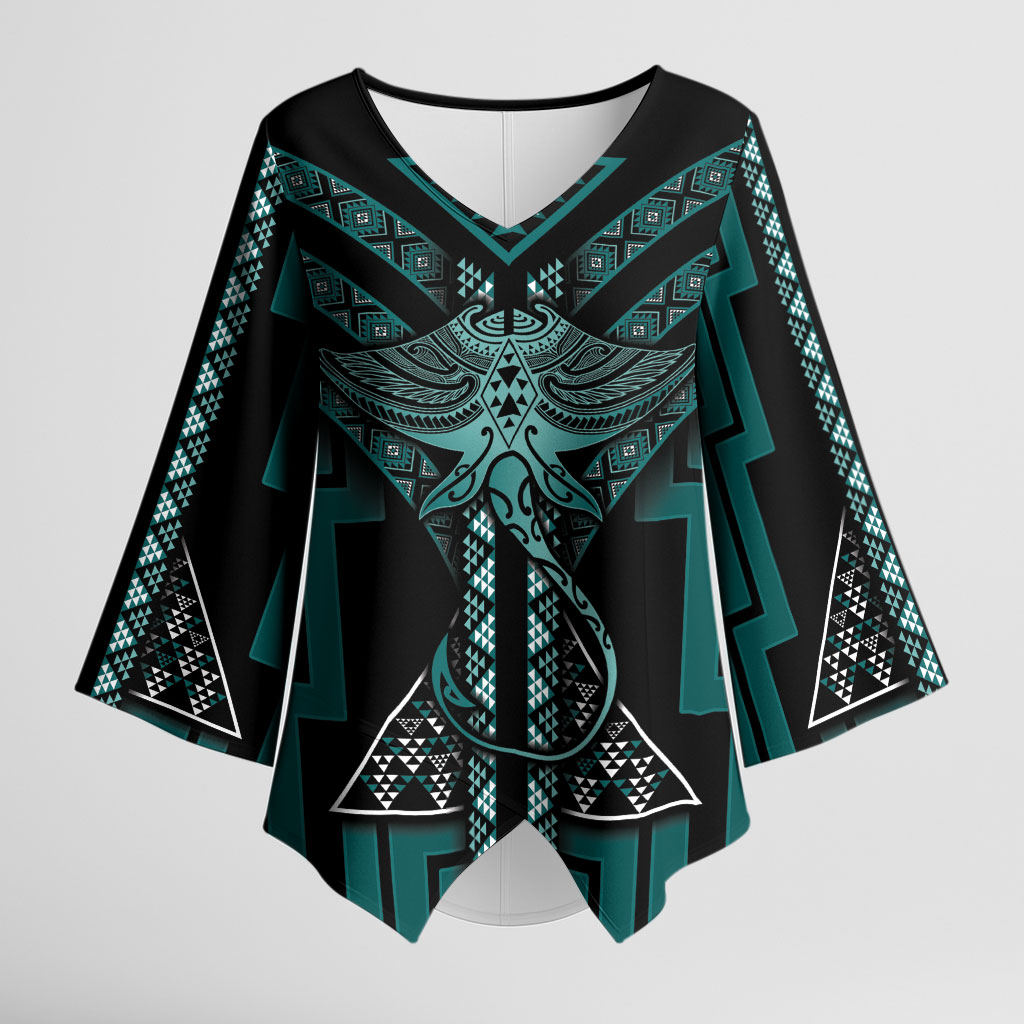 New Zealand Manta Ray Kimono Sleeve Blouse Maori Tukutuku Taniko Motifs Teal