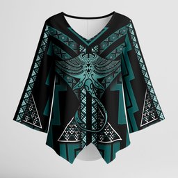 New Zealand Manta Ray Kimono Sleeve Blouse Maori Tukutuku Taniko Motifs Teal