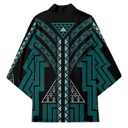 New Zealand Manta Ray Kimono Maori Tukutuku Taniko Motifs Teal