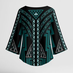 New Zealand Manta Ray Kimono Sleeve Blouse Maori Tukutuku Taniko Motifs Teal